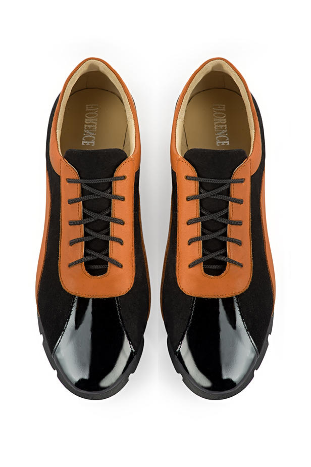 Gloss black and marigold orange women's two-tone elegant sneakers. Round toe. Flat rubber soles. Top view - Florence KOOIJMAN
